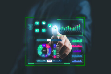 Futuristic business analytics dashboard interface with a businessman using touch screen to analyze financial data, digital marketing metrics, and AI-driven performance charts for data visualization.