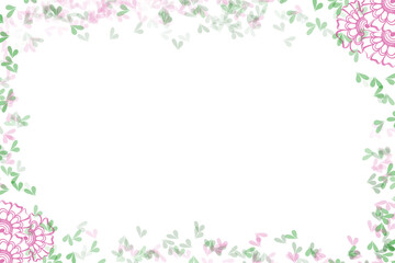 delicate watercolor flower and green heart decorative border frame on white background
