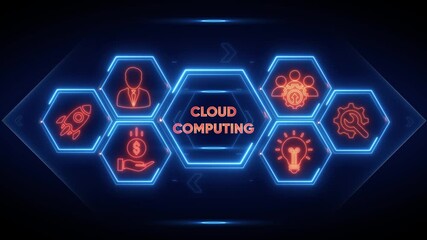 Cloud Computing Hexagon Icons with Neon Glow on Dark Background technology digital - Powered by Adobe