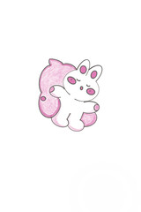 cute pink and white fluffy fantasy animal character drawing isolated on transparent background for baby clothes t-shirt print