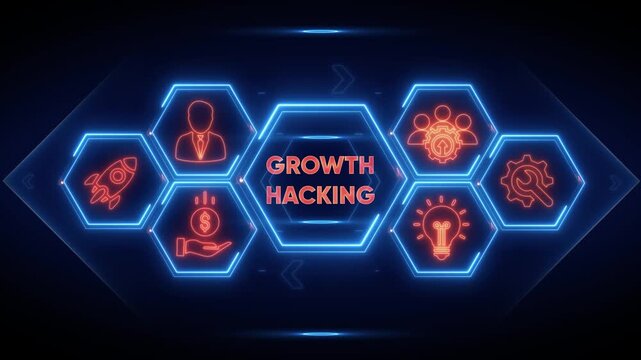 Growth Hacking Hexagon Icons with Neon Glow on Dark Background marketing business