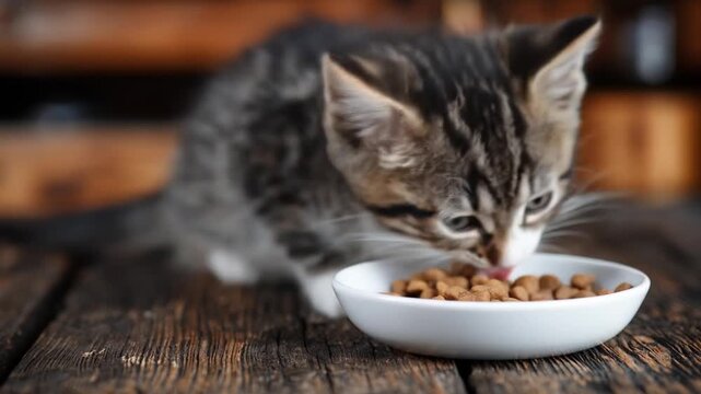 A tabby cat hungrily eats from a small white bowl on a weathered wooden surface indoors, focused...
