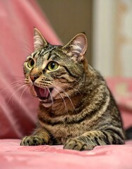 Tabby cat with open mouth, alert expression