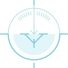 Abstract blue circular gauge meter with measurement markings and downward arrow indicator on a transparent background symbolizing measurement or control