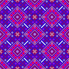 Title: Vibrant Geometric Ethnic Pixel Art Seamless Pattern in Red, White, and Navy