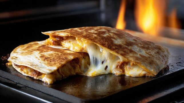 A plate of food with a half eaten burrito on top of a black pan