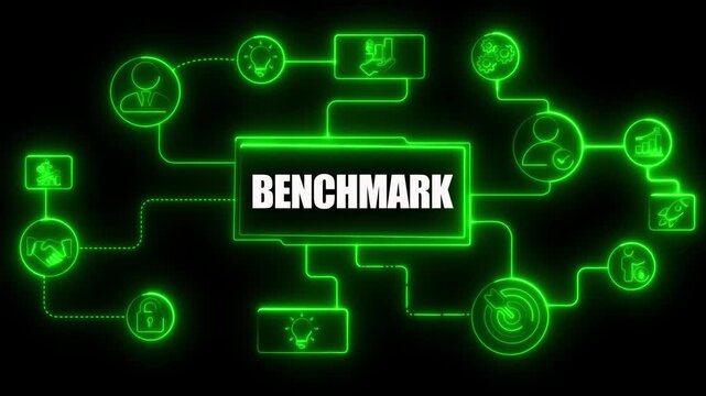 Neon green benchmark flowchart with icons and text on black background business comparison