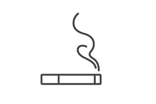 Cigarette smoking line drawing with smoke vapor rising, symbolizing addiction and tobacco habit on transparent background