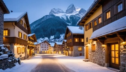 Fototapeta premium A charming snow-covered village street with illuminated buildings and majestic mountain backdrop.