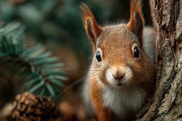 Squirrel with fluffy tail and bright eyes is perched on a tree trunk surrounded by pine needles and cones, showcasing its curious nature in a natural habitat