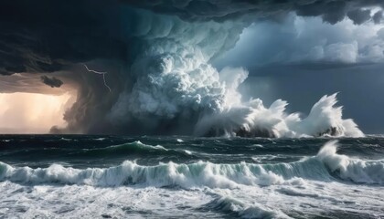Obraz premium Dramatic seascape with large waves crashing under a stormy sky, featuring dark clouds and a hint of lightning.