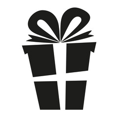 Black silhouette of gift box with ribbon and bow spikes isolated on white background, minimal holiday icon for celebration design