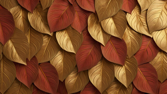 Volumetric abstract metal foliage: close-up composition of gilded overlapping leaves with deep relief and dark veins