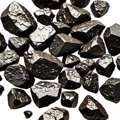 Close-up of numerous, rough-hewn, metallic-grey rock fragments