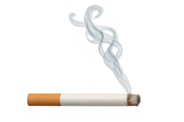 Cigarette burning with swirling smoke, representing addiction, bad habit, and health issues, on transparent background