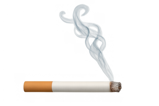 Cigarette burning with swirling smoke, representing addiction, bad habit, and health issues, on transparent background