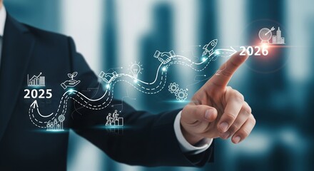 Business Roadmap 2025–2026 with Milestone Icons and Target — Strategic Planning