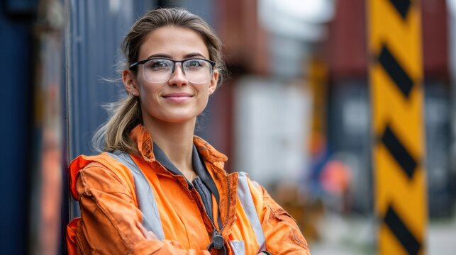 A woman in an orange safety vest is smiling and posing for a picture