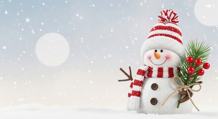 Fototapeta premium Cute Snowman Figurine with Pine Sprig and Red Berries on Snowy Background