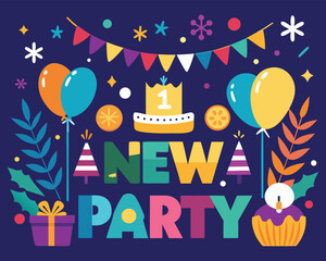 Naklejka premium New Year Party Vector, Festive Celebration with Balloons and Decorations