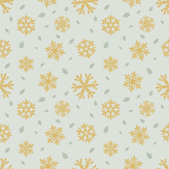 Elegant Christmas Seamless Pattern Vector: Eco Forest Frost with Gold Snowflakes and Leaves. Greige Flat Design for Natural Premium Packaging and Eco-Chic Products.