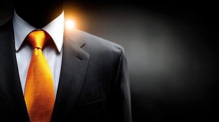 business professional stands confidently in a formal suit, sporting an orange tie, set against a dark backdrop during a corporate event. atmosphere is professional and focused