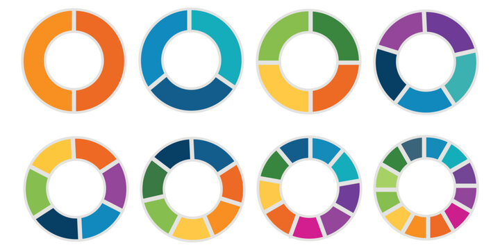  Circle division infographic icon set. Pie chart divided 3,4,5,6 equal parts. Color ring, donut round diagram. Infographic wheel segment and fraction. Vector illustration isolated on white background