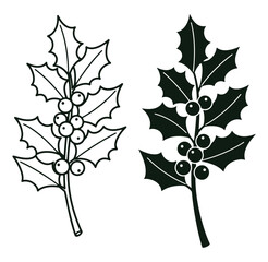 Naklejka premium Decorative holly sprigs christmas elements with berries vector illustration in black and white