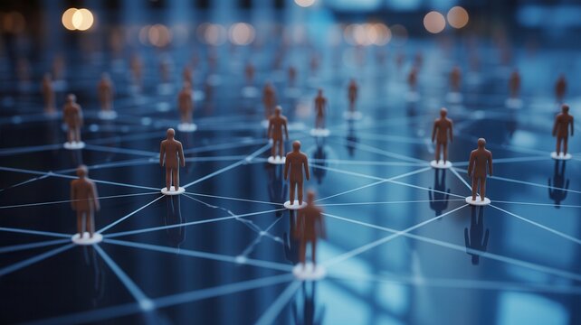 Dynamic network of people connected by lines, representing global communication, social media, and interconnected systems in a modern abstract concept.