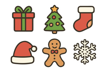 Christmas Icons Set — Gift, Tree, Stocking, Santa Hat, Gingerbread, and Snowflake Illustration