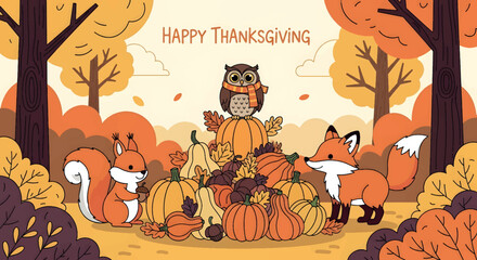 Cute Thanksgiving Illustration with Owl, Fox, Squirrel, and Pumpkins in Autumn Forest