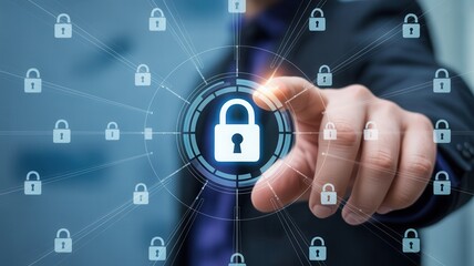 Professional businessman touches secure digital network interface with glowing padlock icons symbolizing data protection and cybersecurity
