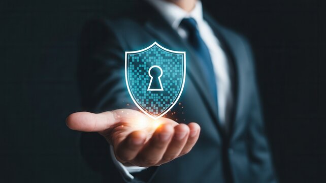 Professional businessman offers digital shield protection and cybersecurity solutions for modern businesses safeguarding data