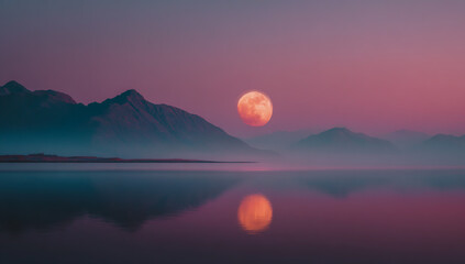 Serene mountain landscape at twilight with a glowing moon reflected in calm water