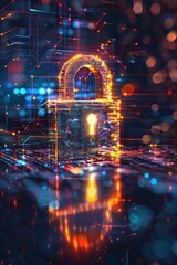 Fototapeta premium Glowing Digital Padlock with Binary Code – Futuristic Cybersecurity Background