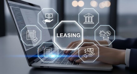 Leasing Hologram Over Laptop — LEASING Hexagon with House & Car, Calendar, Bank and Invoice Icons