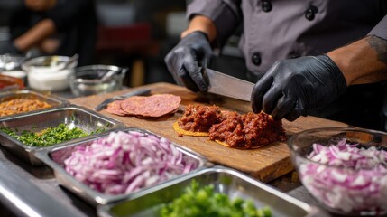 Obraz premium A chef is preparing food on a cutting board with a knife