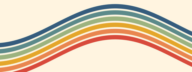 Groovy retro background with rainbow arching stripes. Abstract curving paths create psychedelic wave effect with vintage 70s hippie style, separated by thin cream lines. Vector graphic pattern