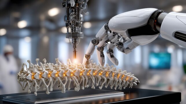 A robot is working on a skeleton, and the skeleton is made up of many bones