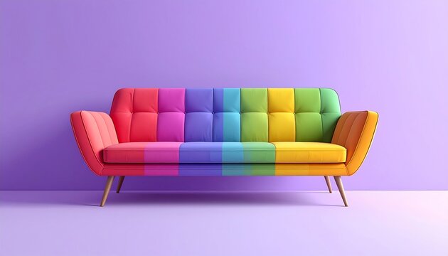A vibrant, modern sofa in a rainbow of colors against a purple wall