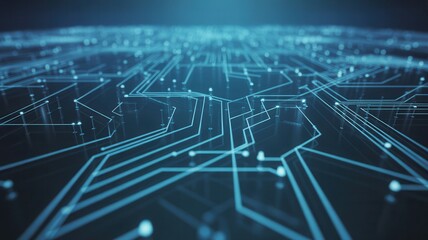 Dynamic abstract glowing blue circuit board pathways create a futuristic network of digital connections and data flow, representing innovation and technology.