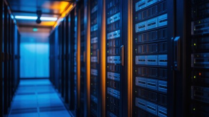 Gleaming server racks hum with power in a modern data center, illuminated by cool blue and warm orange lights, representing cutting edge technology and digital infrastructure.