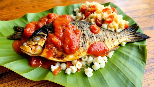 Grilled tilapia with tomato sauce and kenkey from Ghana on a banana leaf