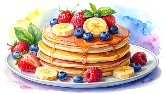 A watercolor stack of fluffy pancakes, topped with fresh fruit and syrup