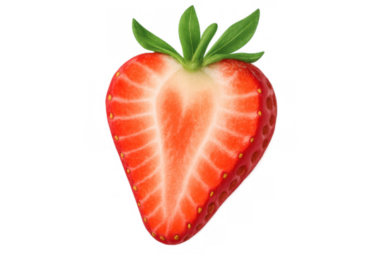 Strawberry half cut showing fresh red pulp and green leaves, healthy organic fruit, transparent background
