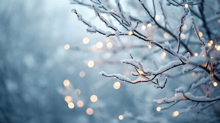 雪の枝に灯る幻想的な光の輪