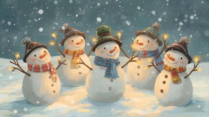 優しい光を持つ雪だるまと降る雪