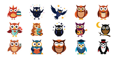 Collection of 15 cute cartoon owls in various outfits and poses for childrens designs