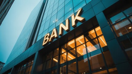 Obraz premium Modern bank building facade with illuminated signage glowing warmly against a twilight sky, symbolizing financial security and corporate success