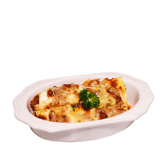 A delicious lasagna with cheese and meat served in a decorative bowl